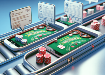 A futuristic image of smartphones on a conveyor belt, each displaying a digital blackjack game. Above each phone are speech bubbles with different user instructions. Colorful poker chips, signifying bets and winnings, are placed near each phone as users play casino games on their devices. | FintechZoom