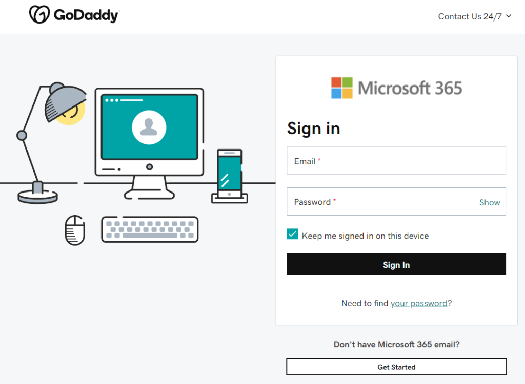 Godaddy log in with Office 365.
