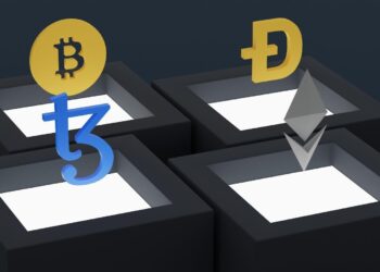 Bitcoin, Dogecoin, Ethereum, Tezos coins.