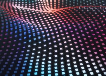 3D rendered cubes in a holographic wave pattern