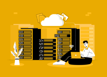 Man working with his laptop in cloud