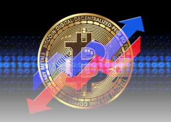 Blue arrow and red arrow over golden bitcoin | FintechZoom
