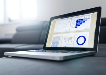 Notebook work with statistics on sofa business