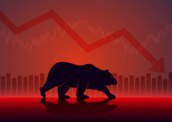 Financial chart with downtrend line graph and bear go down in stock market on red color background - FintechZoom