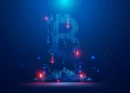 Blue Bitcoin logo in self destruction | FintechZoom