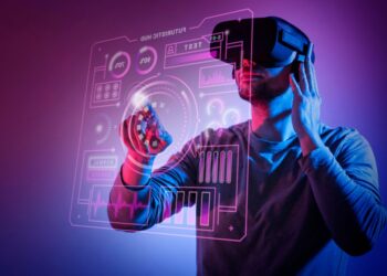 Person on metaverse world with VR Glasses and digital dashboard on glass | FintechZoom