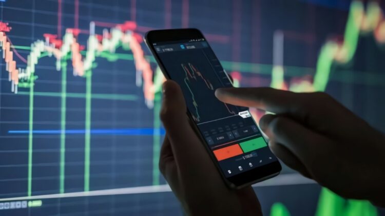Person using mobile to buy stocks and stock chart at background | FintechZoom
