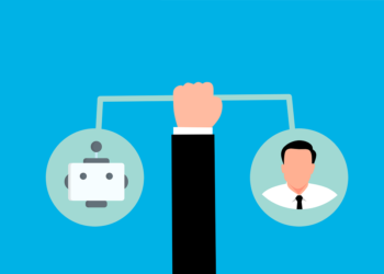 Hand secure 2 balls in equilibrium, one with a man in suite and the other a robot head Illustration | FintechZoom