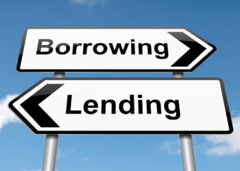 Illustration depicting a roadsign with a borrow or lend concept. Blue sky background | FintechZoom