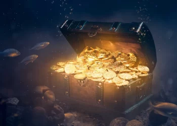 An underwater scene reveals an open treasure chest filled with glowing gold coins, akin to Crypto Treasures. The chest rests on the ocean floor, surrounded by rocks and sea life, with fish swimming nearby. Sunlight filters through the water, illuminating the treasure. | FintechZoom