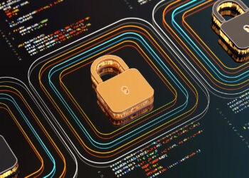 A digital illustration features several padlocks placed on square outlines composed of layered, colorful lines. These padlocks overlay background code, signifying the protection of digital assets and encryption in a technological context. | FintechZoom