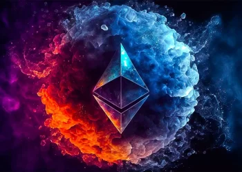 A glowing Ethereum logo hovers in the center of a vibrant explosion of colors, with red and orange on the left side and blue and purple on the right, against a dark, cosmic background. The contrasting colors create a dynamic and energetic visual effect, echoing anticipation around Ethereum price predictions. | FintechZoom