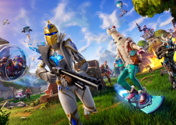 A vibrant battle scene from Fortnite features characters in various outfits and armor wielding weapons. One rides a futuristic surfboard, while another is in a spherical vehicle. Explosions and structures fill the background under a bright blue sky—reminding you that you can play free online games anytime. | FintechZoom