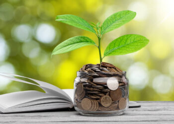 A small green plant grows from a glass jar filled with coins, symbolizing financial growth and investment. An open book lies beside the jar on a wooden surface, set against a blurred natural background with sunlight filtering through foliage, representing the wisdom of money management. | FintechZoom