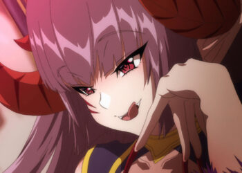 Close-up of a Nutaku anime character with pink hair, red eyes, and dark eyeliner, smiling mischievously. The character has red, horn-like accessories on their head and a dark outfit. The expression and posture suggest a devilish or playful demeanor. | FintechZoom