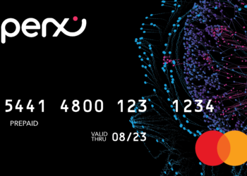 A black Perx prepaid Mastercard with the card number 5441 4800 123 1234. It has a valid-thru date of 08/23. The card features colorful abstract designs on the right side, the Perx logo in white on the upper left corner, and offers exclusive access to Perx Rewards. | FintechZoom