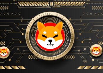 Digital artwork of the Shiba Inu dog logo, representing the Shiba Inu cryptocurrency. The central logo is encircled by binary code and electronic circuit patterns. Two smaller Shiba Inu logos appear on either side, all set against a black and gold tech-themed background, hinting at Shiba Inu price prediction trends. | FintechZoom
