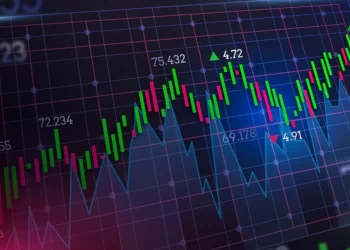 A financial graph displaying stock market data with red and green candlesticks. The graph shows various numerical values and trend lines on a dark grid background, indicating fluctuations in stock prices and cryptocurrency predictions. | FintechZoom