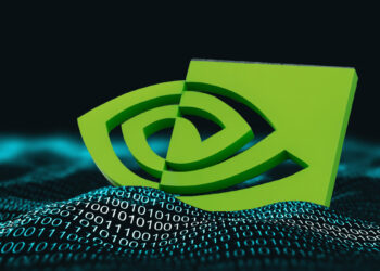 A stylized green eye logo rests on a digital landscape composed of binary code (1s and 0s) with a dark background. The eye, formed by two interlocking shapes, symbolizes technology and innovation, offering a visionary market outlook. | FintechZoom