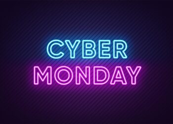 A dark background with diagonal lines features the text "Cyber Monday" in neon lights, reminiscent of Amazon's vibrant sales. "Cyber" is in blue, and "Monday" is in pink, both glowing brightly in the center. | FintechZoom