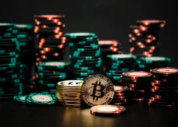 Stacks of colorful poker chips and several gold Bitcoin tokens are arranged on a dark surface. The image emphasizes the combination of traditional gambling elements and modern cryptocurrency, showcasing the exciting world of Poker with Crypto. | FintechZoom