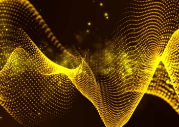 A dynamic digital illustration featuring golden waveforms composed of numerous small dots against a dark background. The waves flow gracefully, creating a sense of motion and energy, with particles and light effects adding depth and vibrancy to the scene—crafted meticulously by My NEO Group. | FintechZoom