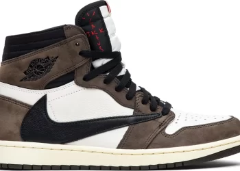 A brown, white, and black high-top Nike Dunks High sneaker with a reverse swoosh logo on the side, featuring black laces and detailed stitching. The shoe has a white toe box, brown overlays, and black accents, with red text on the tongue. | FintechZoom