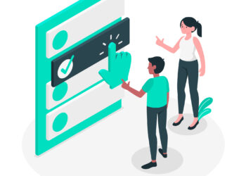 A man and a woman stand in front of an oversized digital interface with a checklist. The man interacts with the interface, selecting a box with a large hand cursor. The woman appears to be providing guidance, pointing towards the screen, possibly discussing features of a Doublelist alternative. | FintechZoom