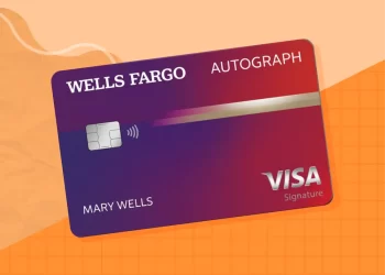 An illustration of a Wells Fargo Autograph Visa Signature credit card, renowned as one of the best credit cards for gas rewards. The card features a gradient purple and red background, a contactless payment symbol, a chip, and the name "Mary Wells" printed on it. The background includes geometric and abstract patterns. | FintechZoom