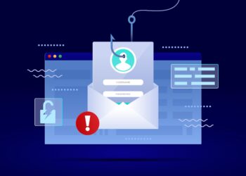 Illustration of a phishing attack. An envelope with a fish hook catching an email icon appears on a screen displaying a username and password input form. Surrounding elements include a red alert icon, a padlock symbol, and abstract lines on a blue background. What is phishing? | FintechZoom