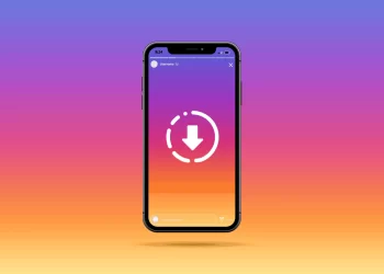 A smartphone displays a social media story with a gradient background transitioning from blue to pink to orange. There's a circular download icon in the center of the screen, indicating the Instagram Story Saver app. The phone is set against an identical gradient backdrop. | FintechZoom