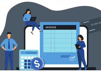 Illustration of three people working with an oversized invoice. One person sits on top of the invoice holding a laptop, another stands beside holding a tablet, and the third stands with hands on hips. Featuring e-invoicing software, a large calculator and coin symbol appear in the foreground. | FintechZoom