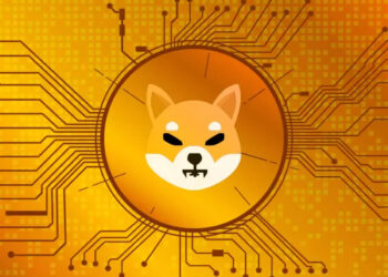 A digital illustration depicting the Shiba Inu dog symbol, associated with the Shiba Inu cryptocurrency, set at the center of a circuit-like design. Orange and yellow circuitry extends outward against a patterned, tech-themed background, emphasizing the futuristic essence of Shiba Inu. | FintechZoom