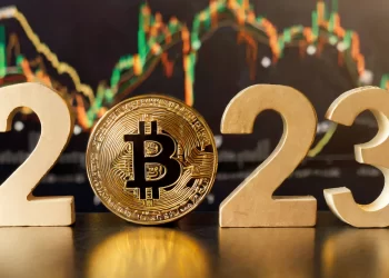 Golden Bitcoin coin between the numbers "2023" with a financial chart in the background. The coin replaces the zero in "2023," symbolizing Bitcoin's pivotal role in the financial landscape for Bitcoin 2023. The chart behind shows fluctuating financial trends. | FintechZoom