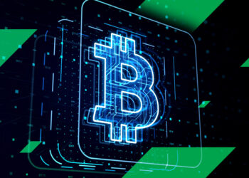 A digital illustration featuring a glowing blue Bitcoin symbol in the center, surrounded by abstract lines and binary code. Green diagonal shapes overlay parts of the image, adding a dynamic feel against the dark background, hinting at Bitcoin price prediction for 2024. | FintechZoom