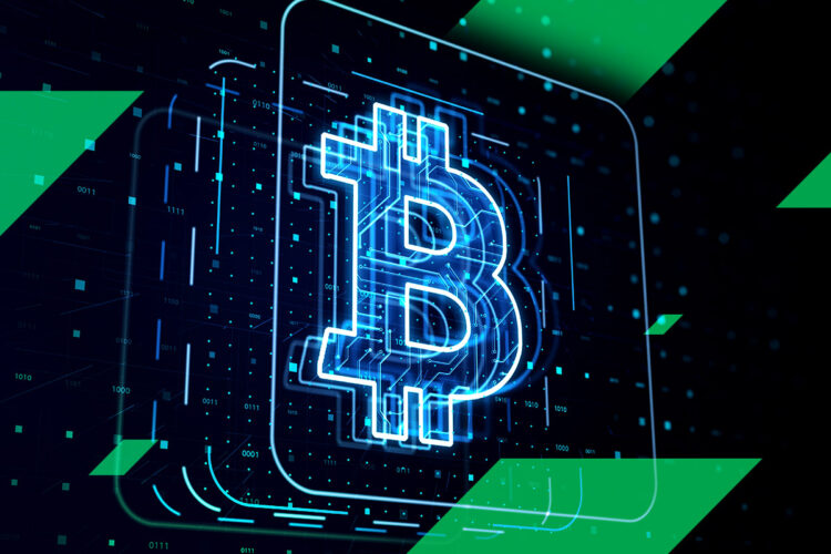 A digital illustration featuring a glowing blue Bitcoin symbol in the center, surrounded by abstract lines and binary code. Green diagonal shapes overlay parts of the image, adding a dynamic feel against the dark background, hinting at Bitcoin price prediction for 2024. | FintechZoom