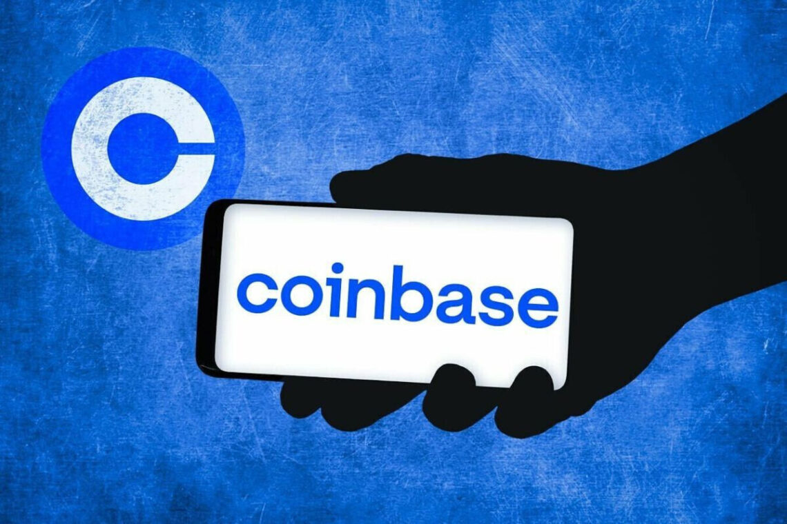 A silhouette of a hand holds a smartphone displaying the word "coinbase" on the screen against a blue textured background. To the left, the Coinbase logo, a white "C" inside a blue circle, is prominently visible, symbolizing Coinbase's presence in the stock market. | FintechZoom