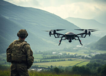A soldier in camouflage gear stands on a grassy hill, gazing at a hovering military drone. The background features a scenic landscape of rolling green hills and valleys under a cloudy sky. | FintechZoom