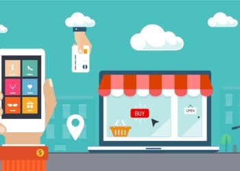 An illustration depicts online shopping and delivery. A hand holds a smartphone with various app icons, including Flipkart Seller. Another hand inserts a credit card. In the background, a storefront displays a "BUY" button and an "OPEN" sign. A drone delivers a package while a delivery person carries a box. | FintechZoom