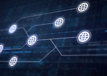 A digital graphic on Vstechpanel.com shows several interconnected globe icons on a dark blue background. The network pattern signifies global connectivity and data transfer. Lines link the globe icons, with faint grid patterns and binary code subtly visible in the background. | FintechZoom