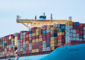 A large cargo ship, identified as "Estelle Maersk," is loaded with multicolored shipping containers stacked high on its deck. The name is clearly visible against the blue hull. The ship's bridge rises above the containers, set against a clear blue sky—a true spectacle among top shipping stocks. | FintechZoom