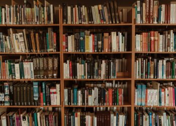 A wooden bookshelf is filled with numerous books of various sizes, colors, and genres, neatly arranged in multiple rows. The bookshelf spans a large portion of the wall, showcasing an extensive and diverse book collection alongside PDF Drive alternatives for digital reading enthusiasts. | FintechZoom