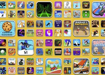 A collage of various colorful game icons on a yellow background. Icons include "Cookie Clicker," "Run 3," "1v1.LOL," "Slime Climb," "Happy Wheels," and more, each depicting different game scenarios like basketball, cycling, and battles. Discover these and more on Unblocked Games 6x. | FintechZoom