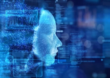 Futuristic digital rendering of a human head, composed of blue and white particles and lines, symbolizing C.AI. The background features various data charts, codes, and graphs, suggesting a high-tech, data-driven environment. | FintechZoom