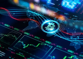 A digital illustration of a glowing Bitcoin symbol at the center, surrounded by fluctuating graphs and charts on a dark background. A world map with neon lines and digital data overlays adds a global context, depicting cryptocurrency trading dynamics. | FintechZoom