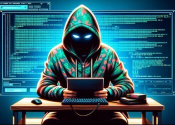A hooded figure with glowing eyes sits at a desk with a tablet, keyboard, and books. Behind them, a large screen displays lines of code related to crypto hacks in a dark room. The scene is lit by the blue glow from the screen, emphasizing the mysterious and secretive atmosphere. | FintechZoom