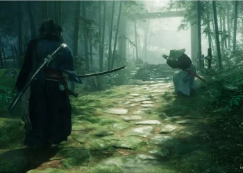 A tranquil bamboo forest with dappled sunlight shining through. Two samurai warriors, one wearing a traditional hat, face each other on a path lined with stones. The scene evokes a sense of tension and anticipation reminiscent of a PlayStation epic. In the background, stone steps lead to a torii gate. | FintechZoom
