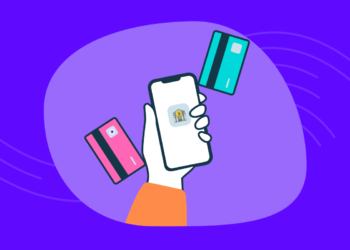 Illustration of a hand holding a smartphone with a financial icon on the screen. Two credit cards, one pink and one teal, hover around the phone. The background is purple with abstract waves, highlighting the ease and innovation of Best NeoBanks. | FintechZoom