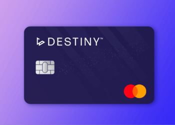 A Destiny card with a stunning purple and blue gradient background. The navy-blue credit card features the white Destiny logo in the top left corner, a chip on the left side, and the red and yellow Mastercard logo in the bottom right corner. | FintechZoom