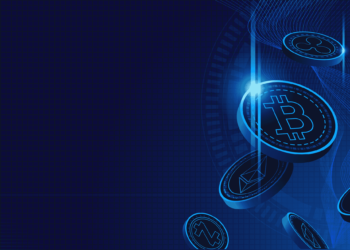 A digital illustration features various glowing cryptocurrency coins, including Bitcoin at the center, Ripple, Ethereum, and others. These coins float against a dark blue background with a subtle grid pattern and abstract wave-like lines. | FintechZoom